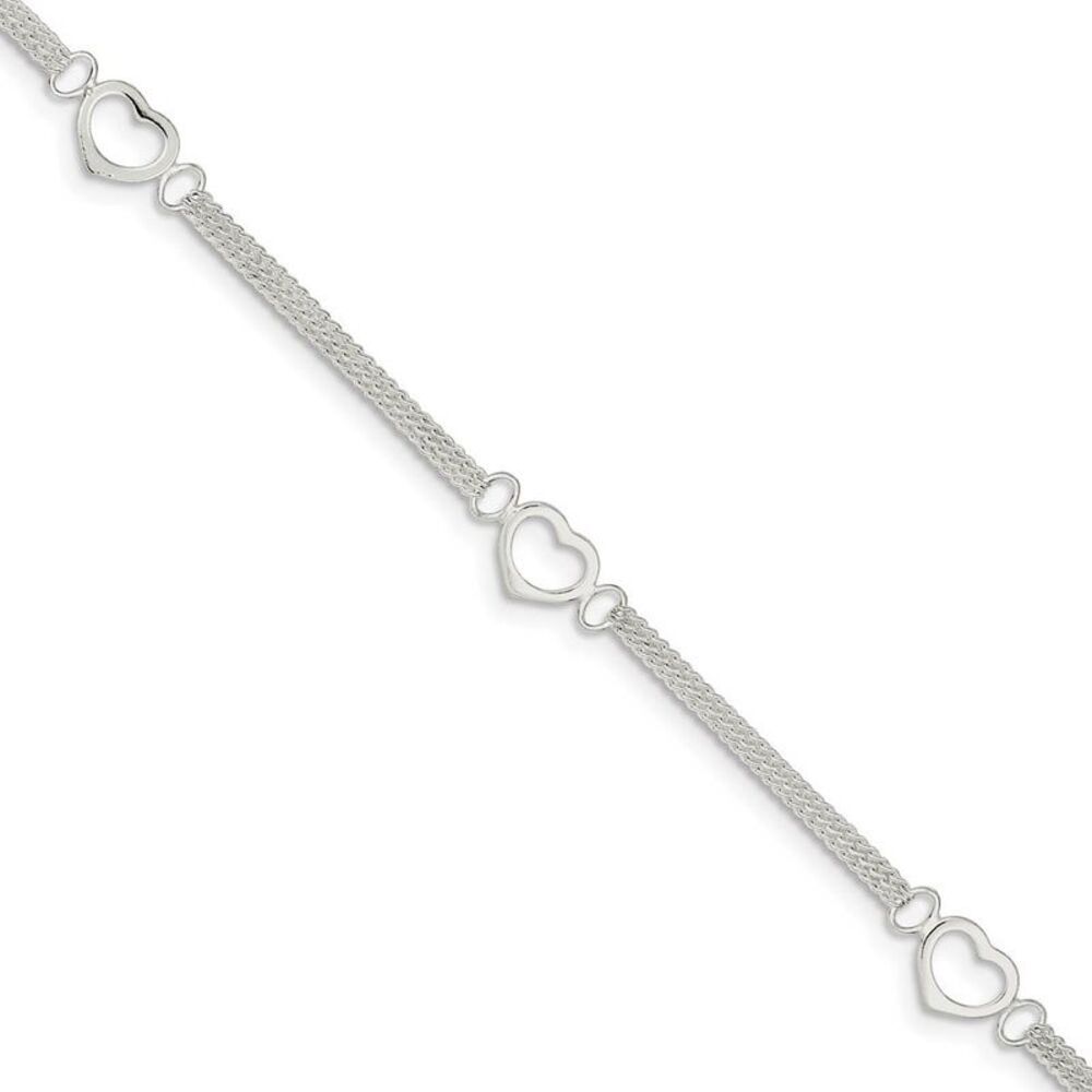 Double Chain Heart Anklet in Sterling Silver, 10 inch